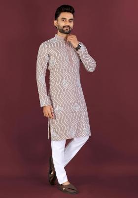 Brown Embroidered Silk Kurta With Pyjama For Men