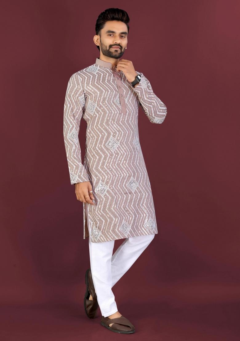 Brown Embroidered Silk Kurta With Pyjama For Men - Indya