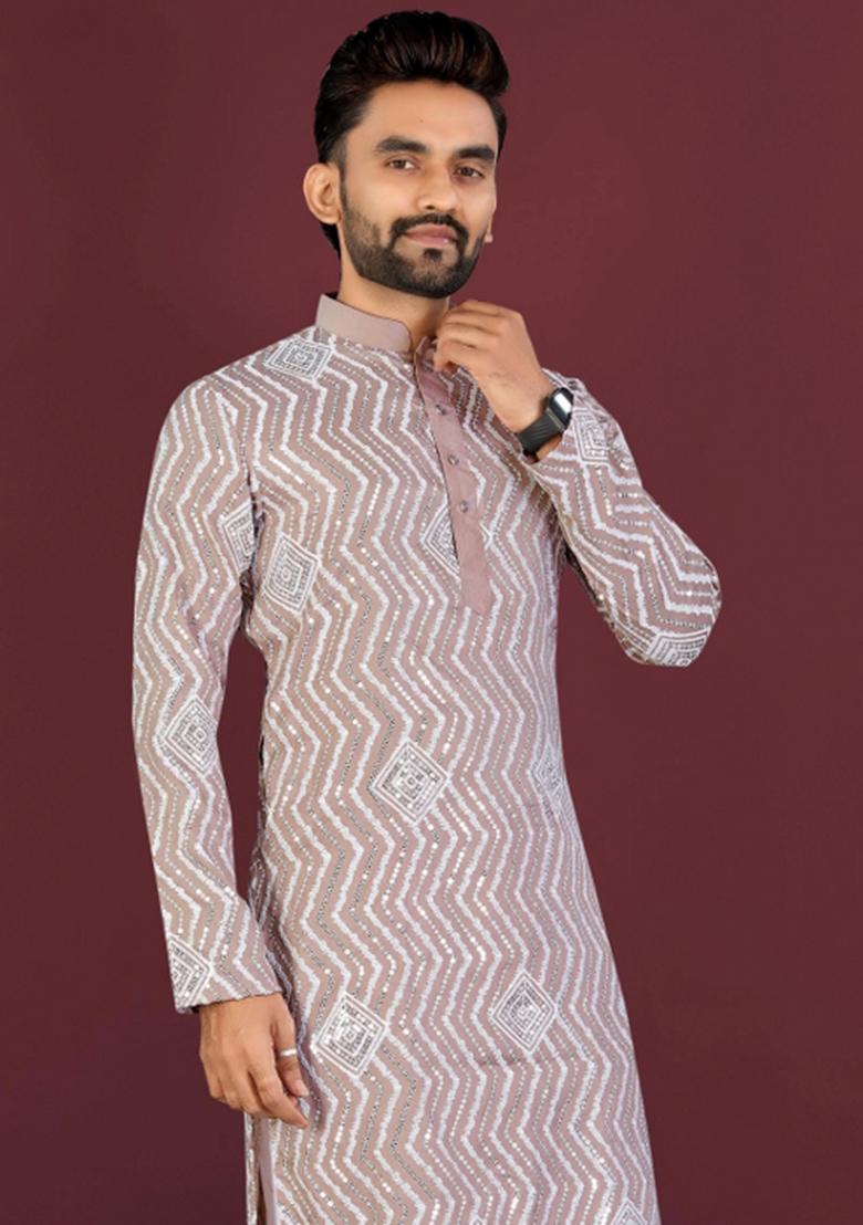 Brown Embroidered Silk Kurta With Pyjama For Men