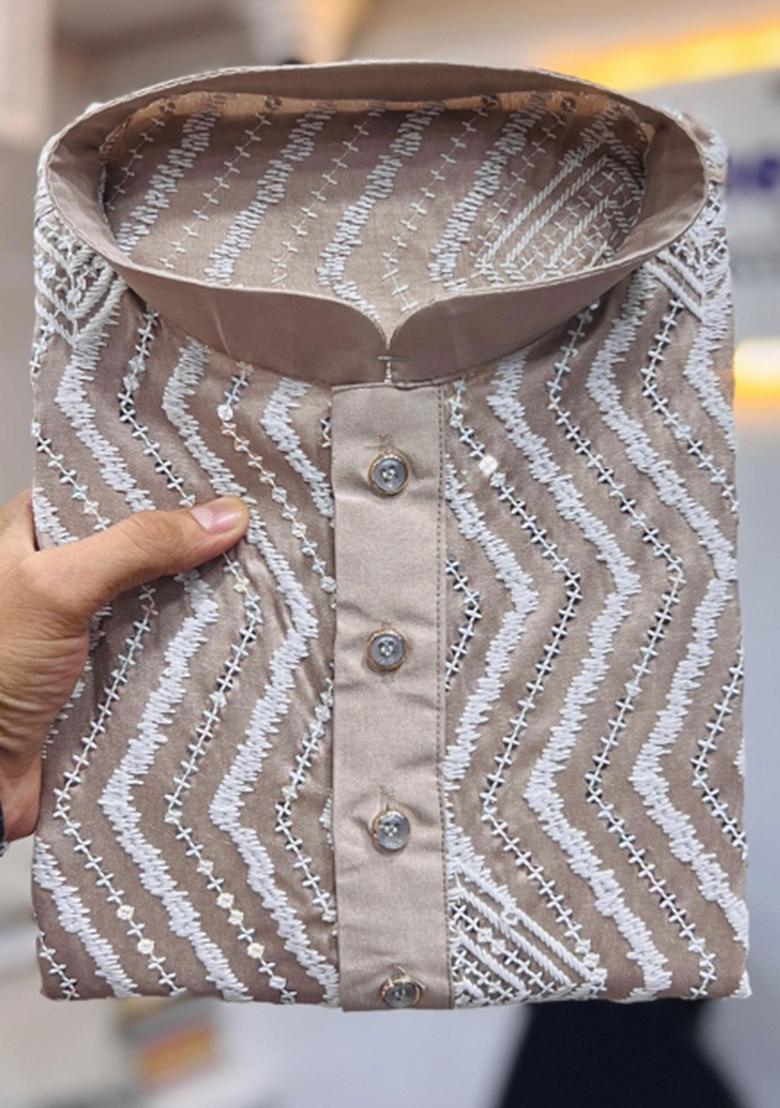 Brown Embroidered Silk Kurta With Pyjama For Men - Indya