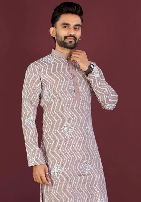 Brown Embroidered Silk Kurta With Pyjama For Men