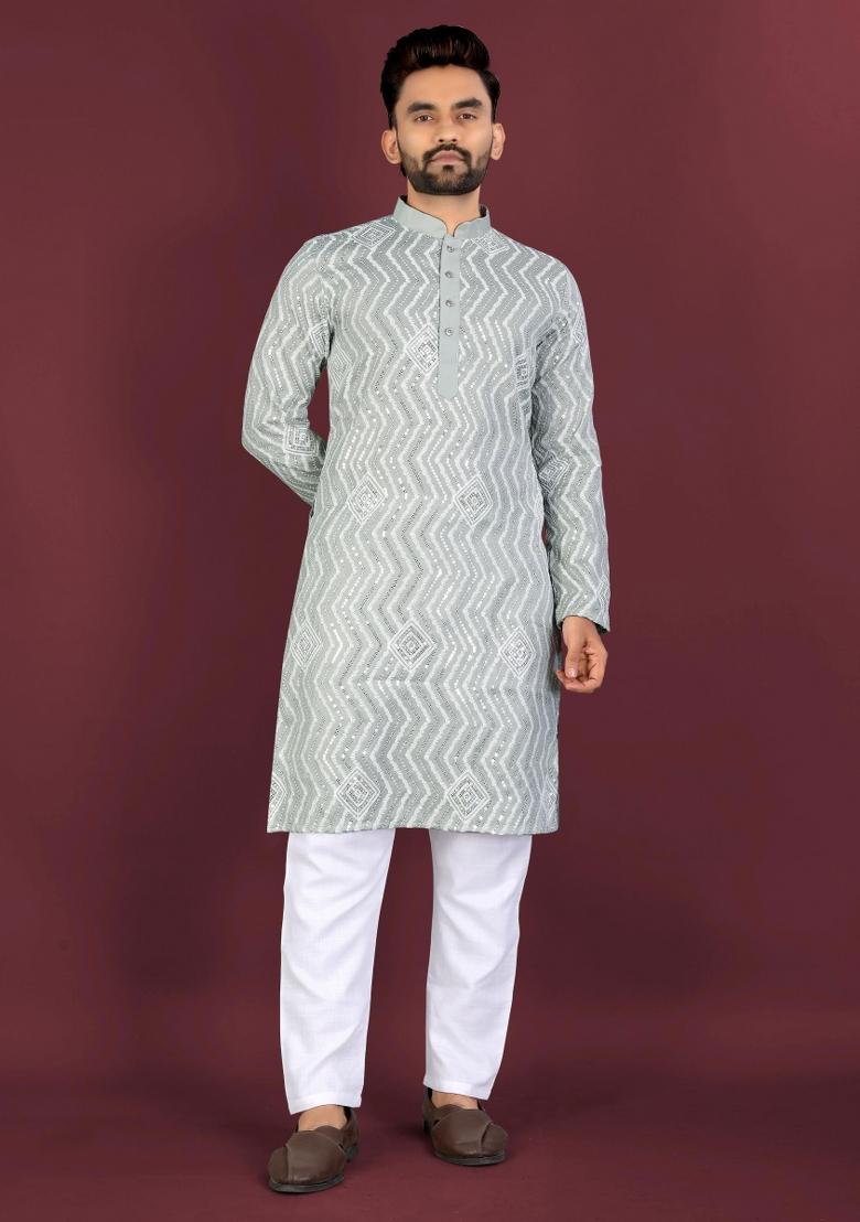 Light Green Embroidered Silk Kurta With Pyjama For Men