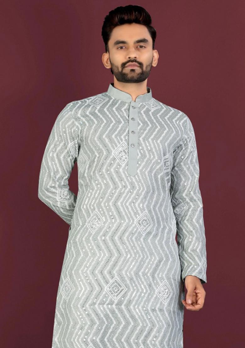 Light Green Embroidered Silk Kurta With Pyjama For Men - Indya