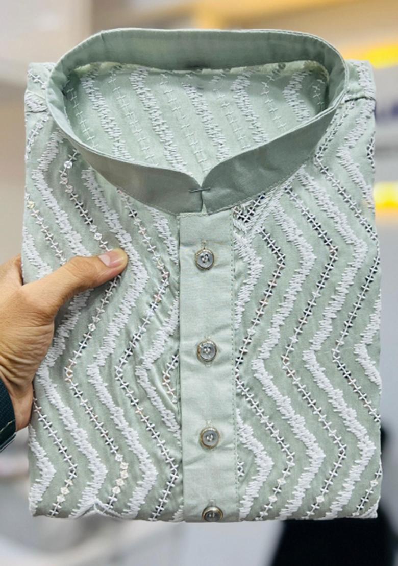 Light Green Embroidered Silk Kurta With Pyjama For Men