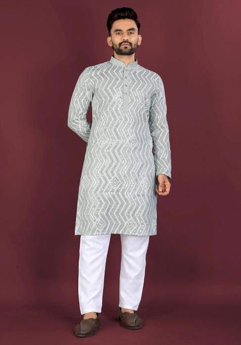 Light Green Embroidered Silk Kurta With Pyjama For Men