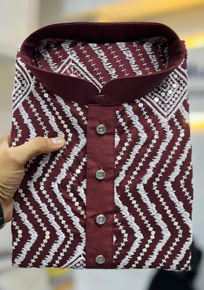 Maroon Embroidered Silk Kurta With Pyjama For Men