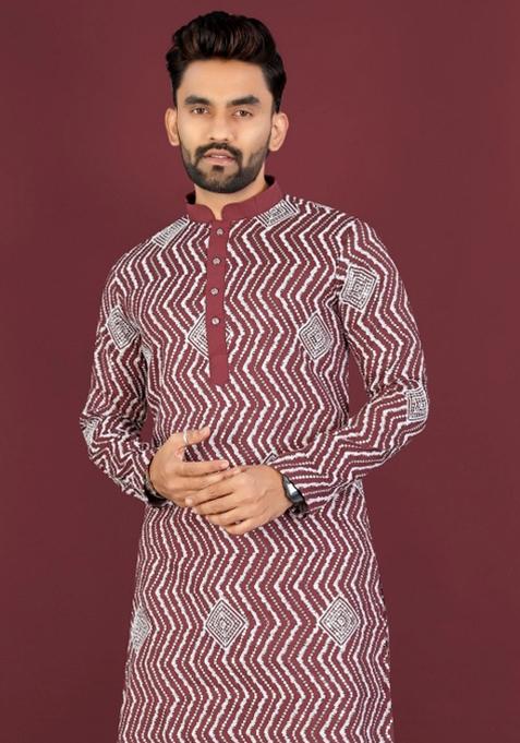 Maroon Embroidered Silk Kurta With Pyjama For Men