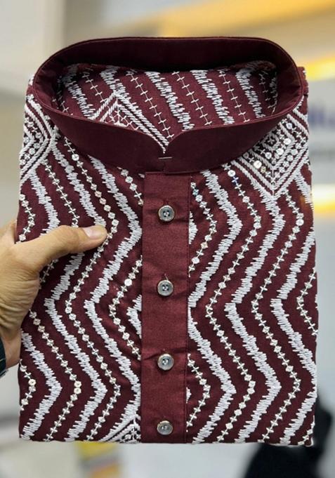 Maroon Embroidered Silk Kurta With Pyjama For Men