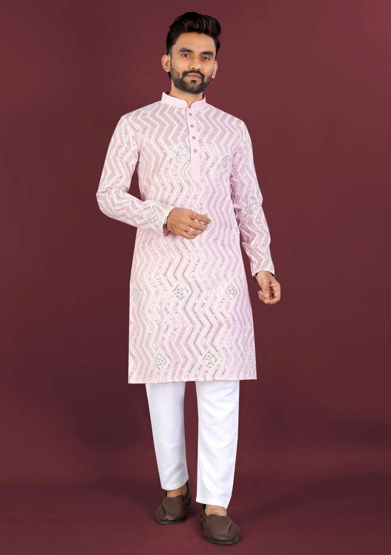 Pink Embroidered Silk Blend Kurta With Pyjama For Men - Indya