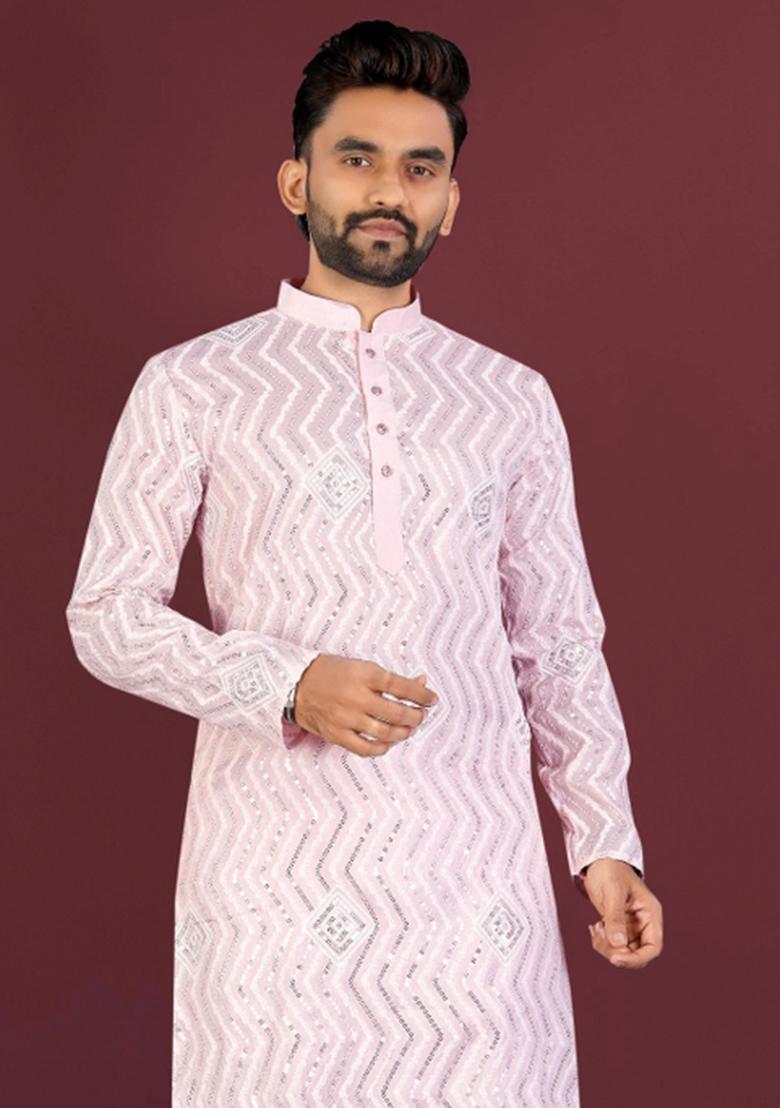 Pink Embroidered Silk Kurta With Pyjama For Men - Indya