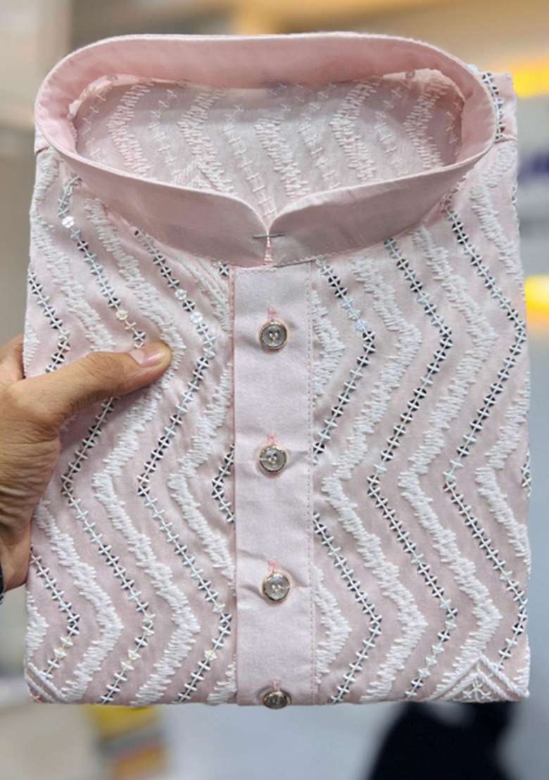 Pink Embroidered Silk Blend Kurta With Pyjama For Men - Indya