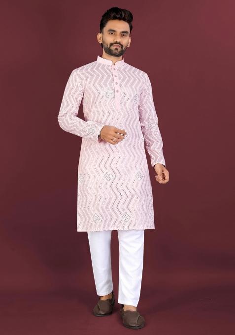 Pink Embroidered Silk Kurta With Pyjama For Men