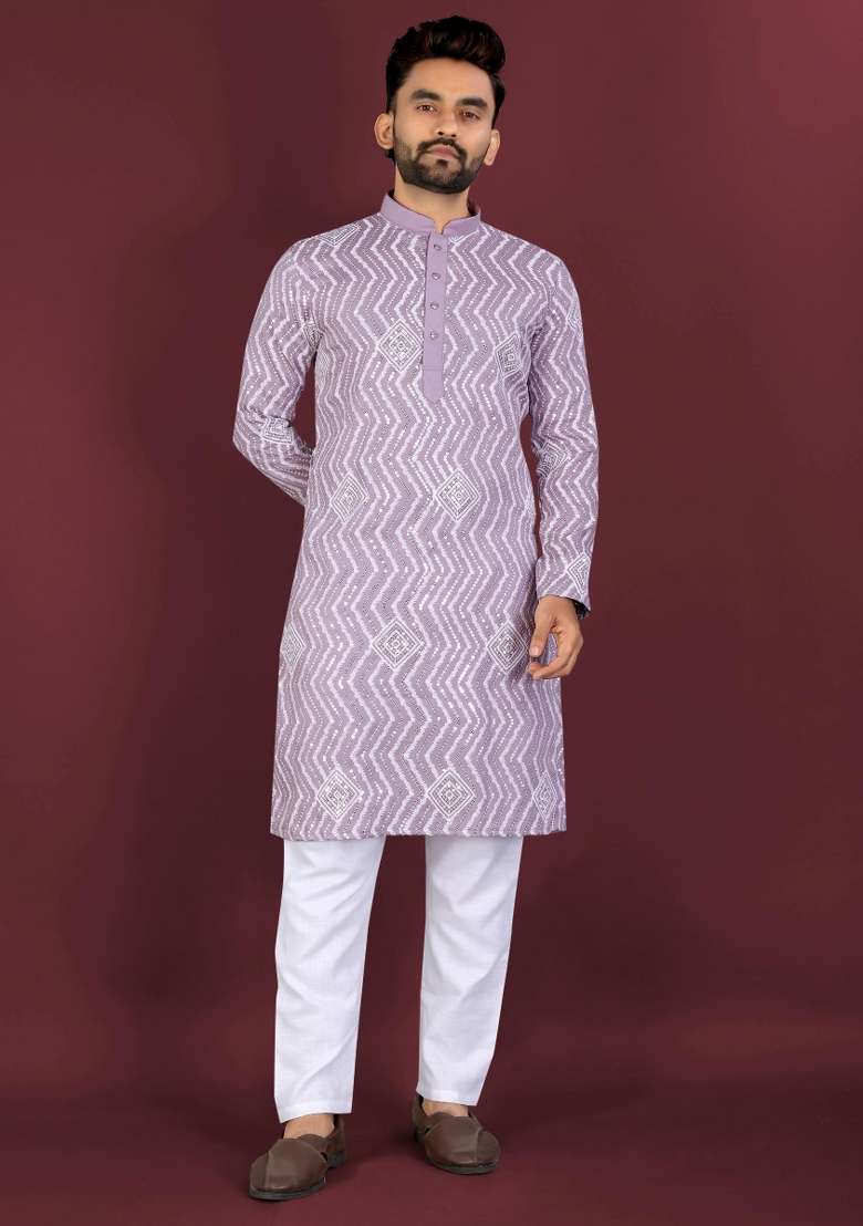 Purple Embroidered Silk Blend Kurta With Pyjama For Men - Indya