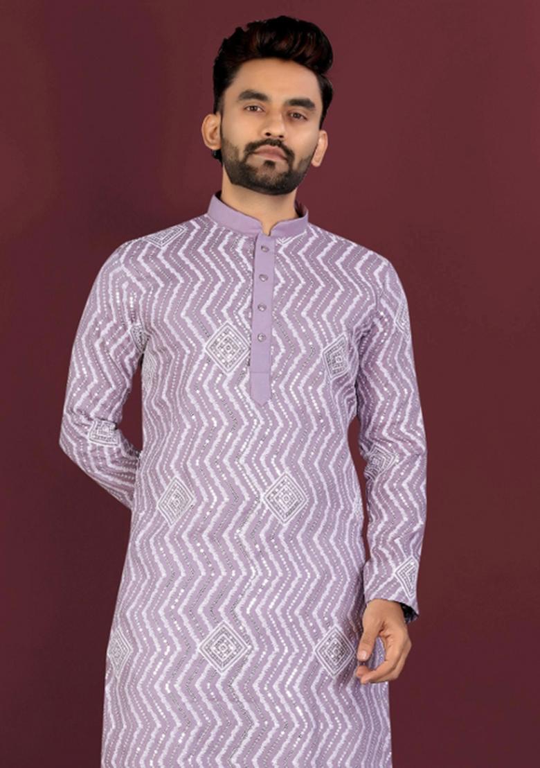 Purple Embroidered Silk Kurta With Pyjama For Men - Indya