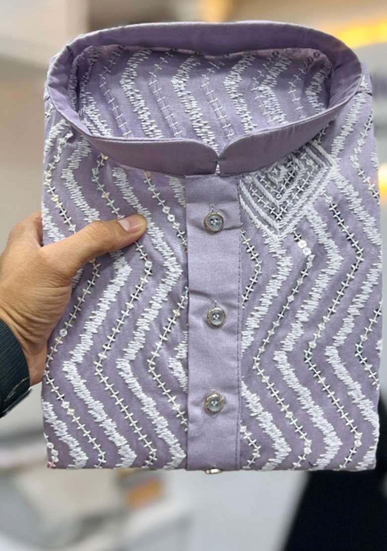 Purple Embroidered Silk Blend Kurta With Pyjama For Men - Indya