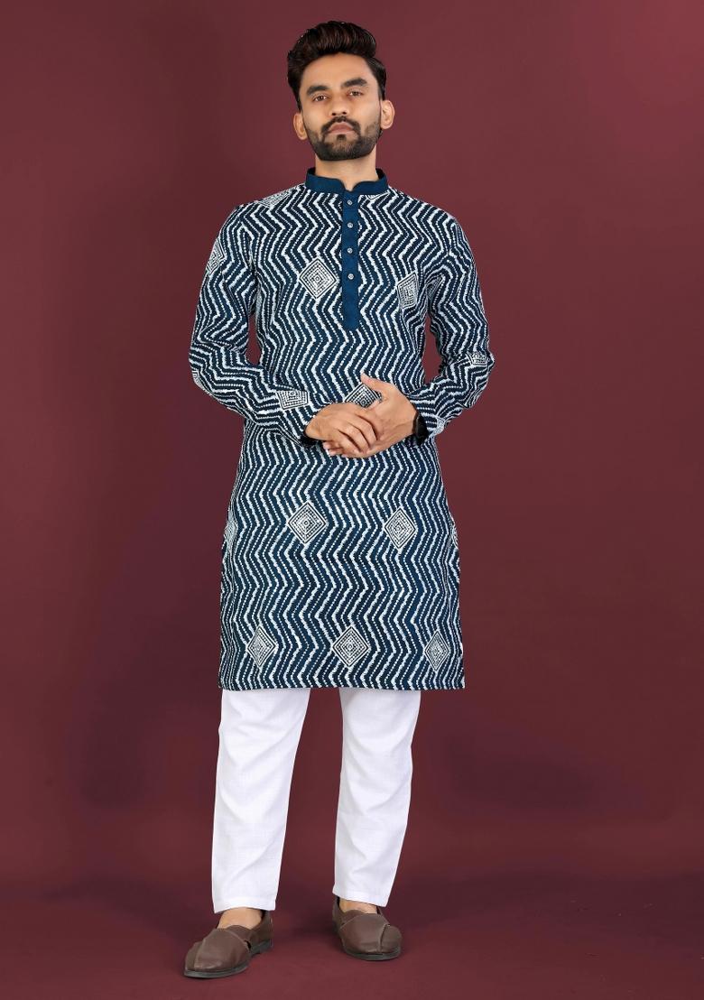 Teal Embroidered Silk Kurta With Pyjama For Men