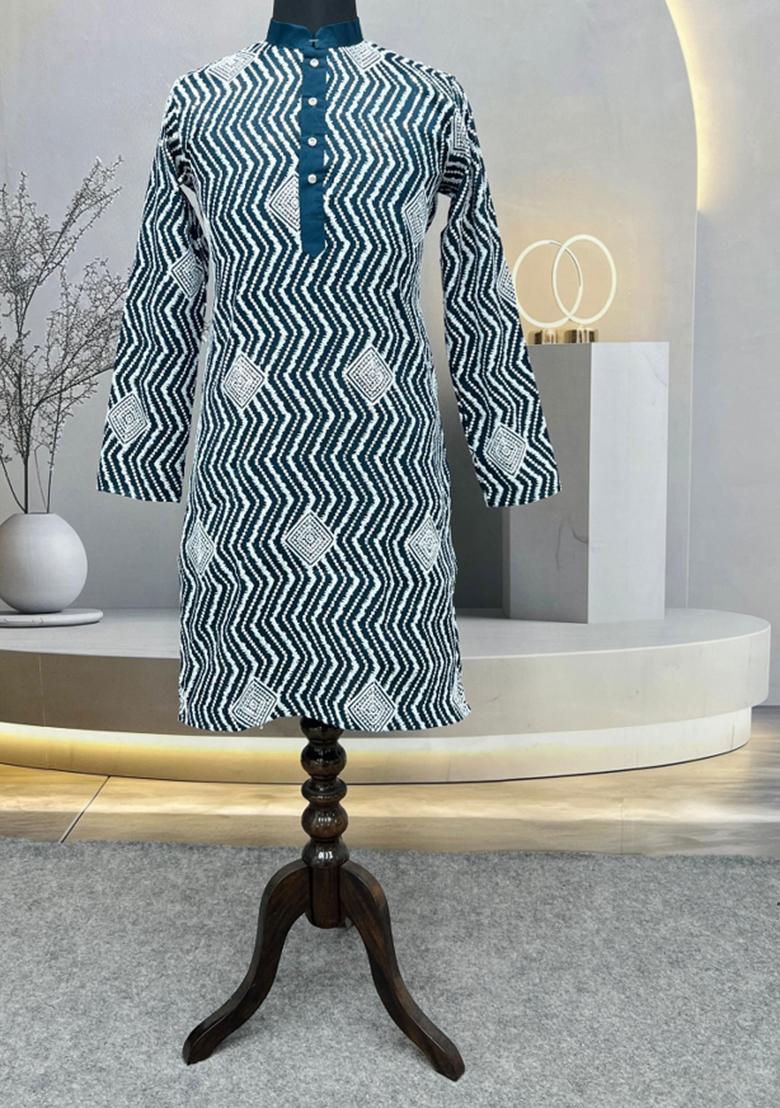 Teal Embroidered Silk Kurta With Pyjama For Men