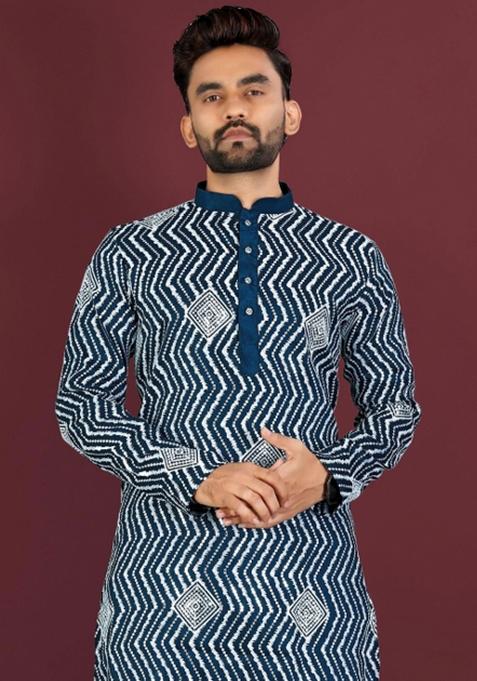 Teal Embroidered Silk Kurta With Pyjama For Men