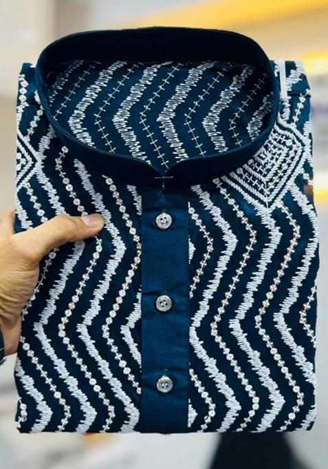 Teal Embroidered Silk Kurta With Pyjama For Men