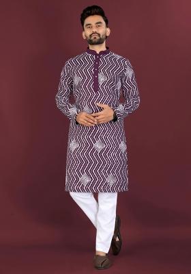Wine Embroidered Silk Kurta With Pyjama For Men