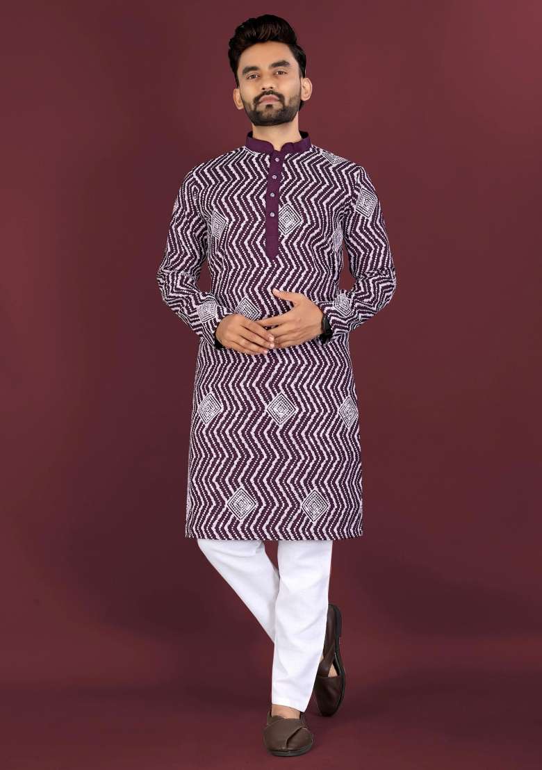 Wine Embroidered Silk Blend Kurta With Pyjama For Men - Indya