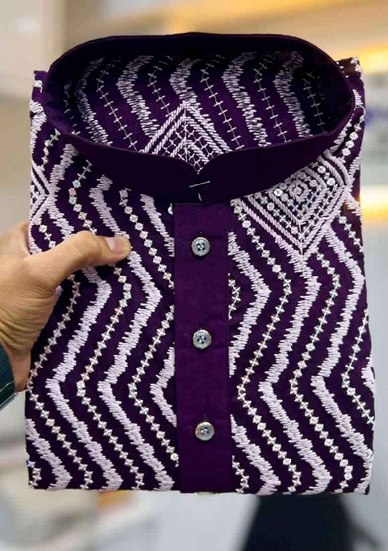 Wine Embroidered Silk Blend Kurta With Pyjama For Men - Indya