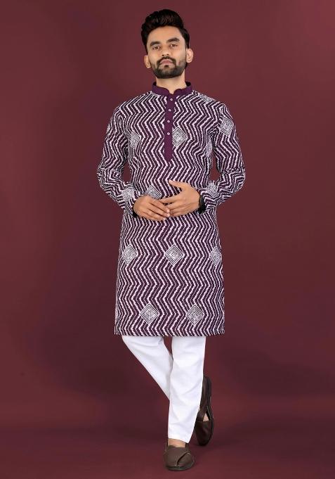 Wine Embroidered Silk Kurta With Pyjama For Men