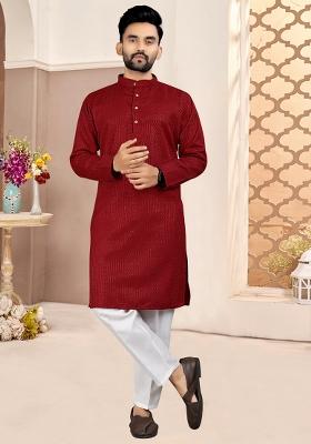 Red Embroidered Cotton Kurta With Pyjama For Men
