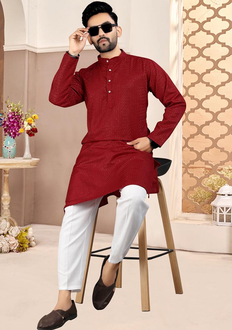 Red Embroidered Cotton Kurta With Pyjama For Men - Indya