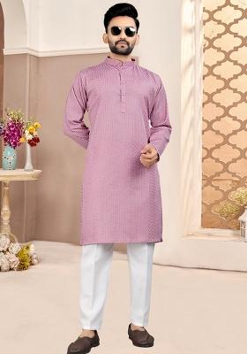 Purple Embroidered Cotton Kurta With Pyjama For Men