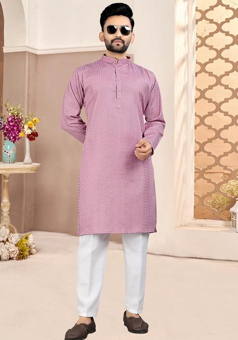 Purple Embroidered Cotton Kurta With Pyjama For Men