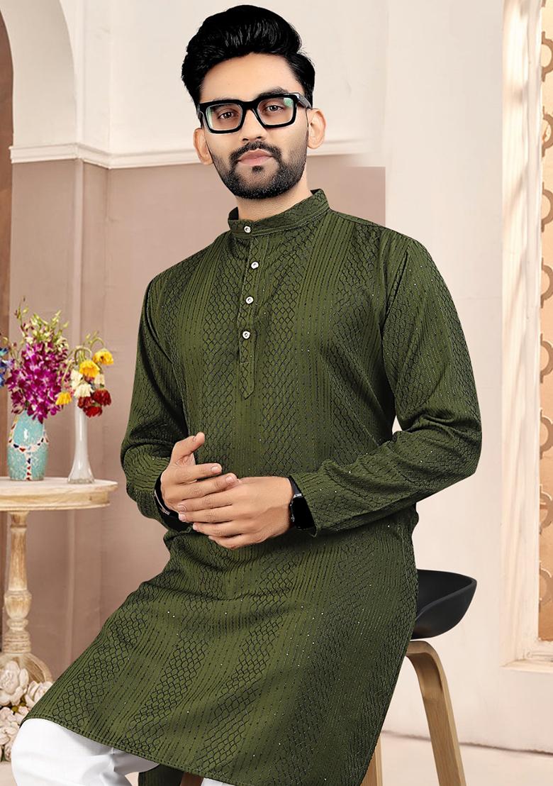 Green Embroidered Cotton Kurta With Pyjama For Men - Indya