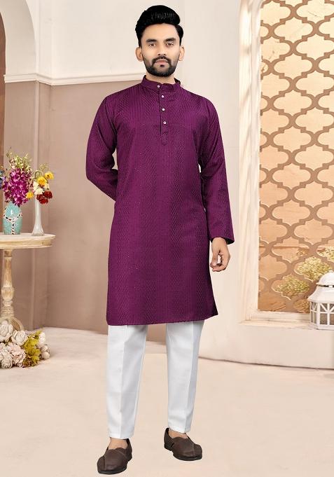 Wine Embroidered Cotton Kurta With Pyjama For Men