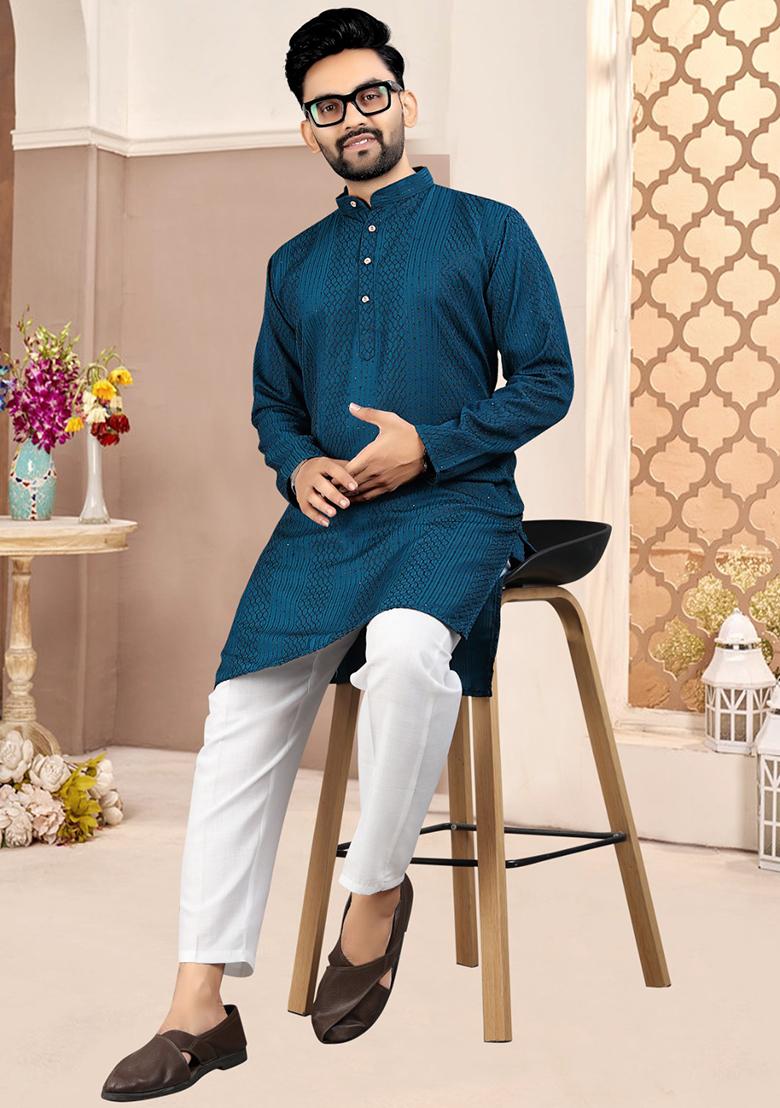 Rama Embroidered Cotton Kurta With Pyjama For Men