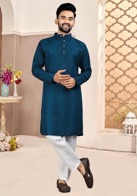 Rama Embroidered Cotton Kurta With Pyjama For Men