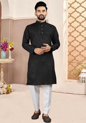 Black Embroidered Cotton Kurta With Pyjama For Men