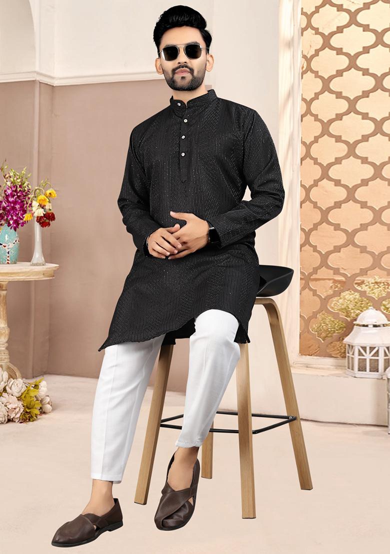 Black Embroidered Cotton Kurta With Pyjama For Men