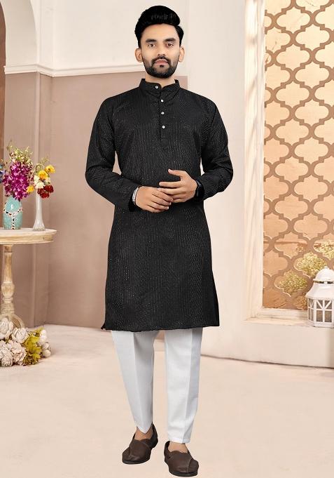 Black Embroidered Cotton Kurta With Pyjama For Men