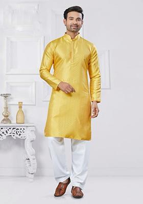 Yellow Embroidered Silk Kurta With Pyjama For Men