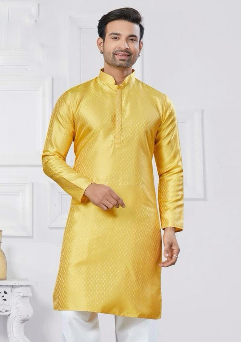 Yellow Embroidered Silk Kurta With Pyjama For Men - Indya