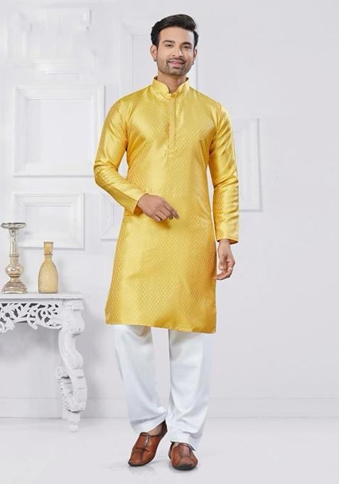 Yellow Embroidered Silk Kurta With Pyjama For Men
