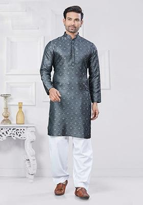 Grey Embroidered Silk Kurta With Pyjama For Men