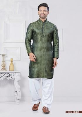 Olive Embroidered Silk Kurta With Pyjama For Men
