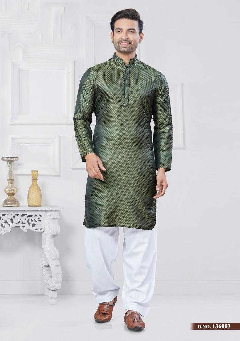 Olive Embroidered Silk Kurta With Pyjama For Men - Indya
