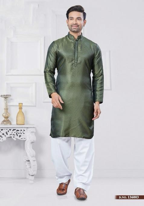 Olive Embroidered Silk Kurta With Pyjama For Men