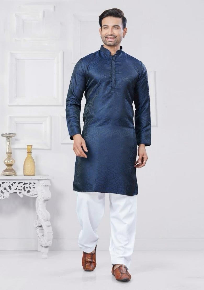 Blue Embroidered Silk Kurta With Pyjama For Men