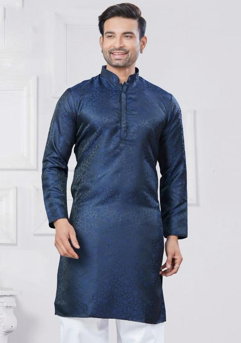 Blue Embroidered Silk Kurta With Pyjama For Men - Indya