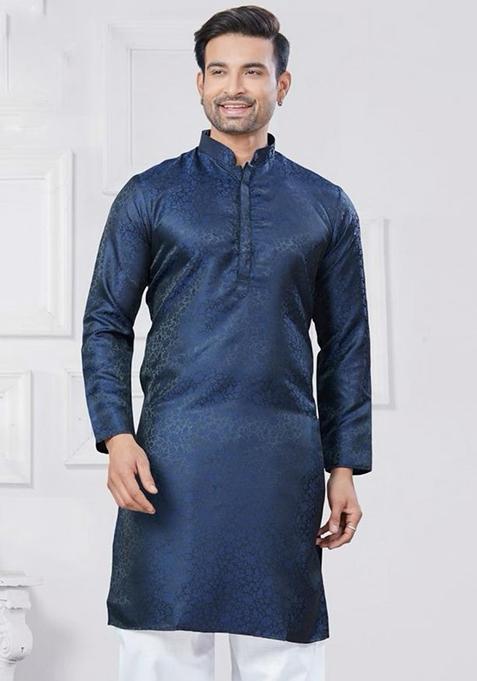 Blue Embroidered Silk Kurta With Pyjama For Men