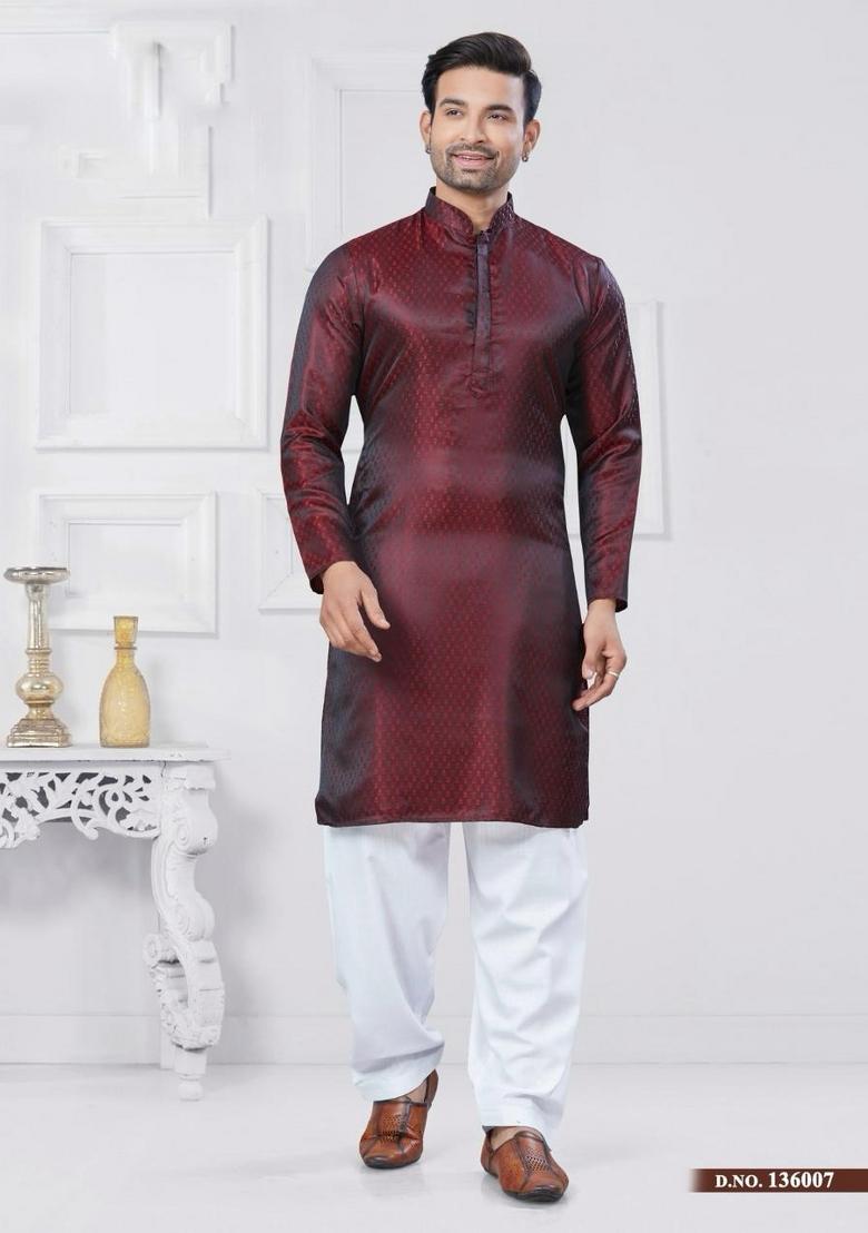 Maroon Embroidered Silk Kurta With Pyjama For Men