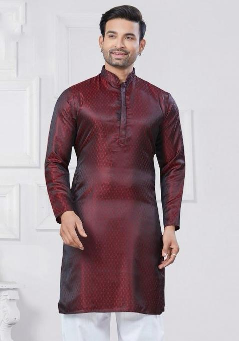 Maroon Embroidered Silk Kurta With Pyjama For Men